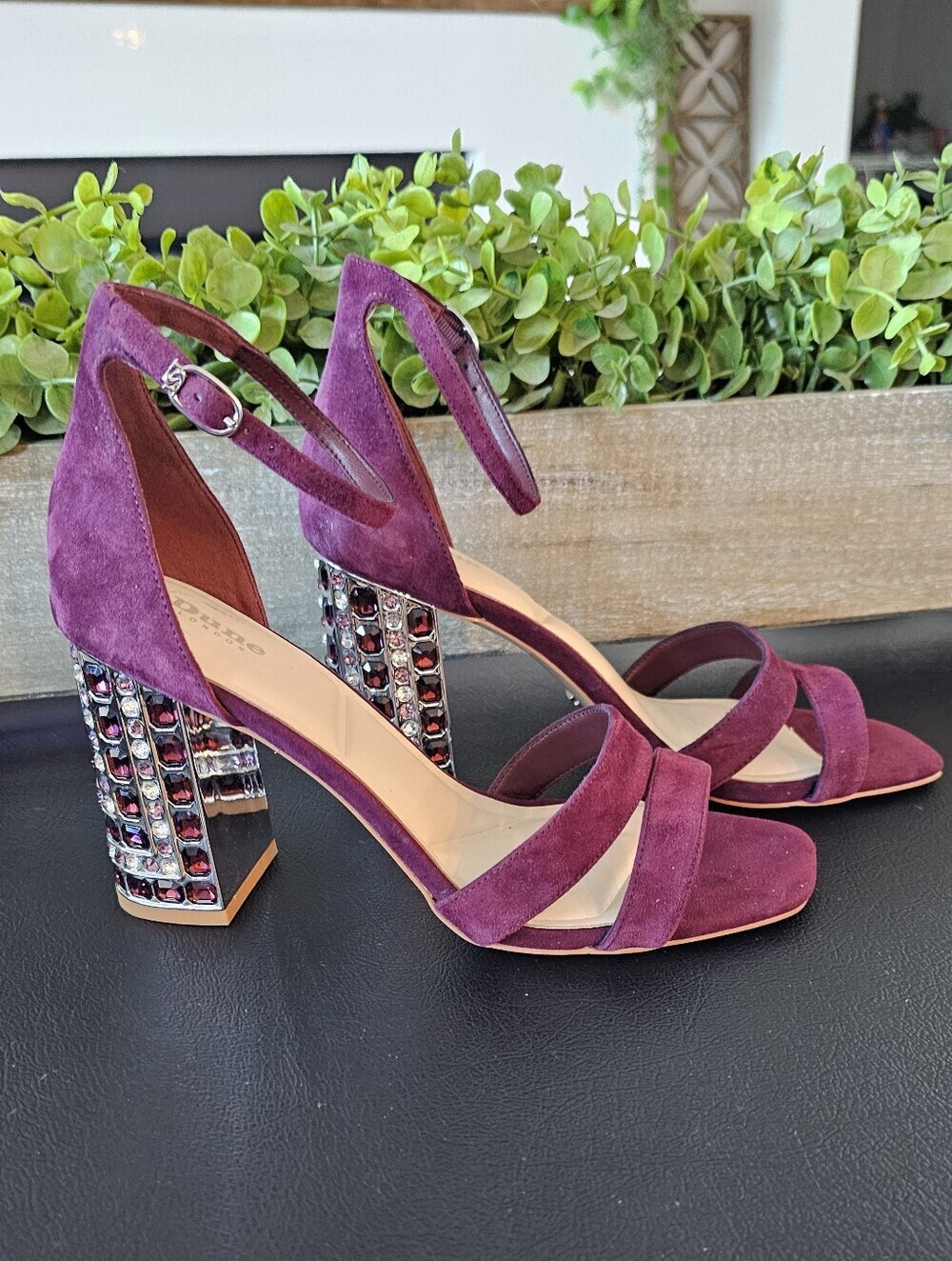 Dune London Plum Suede Gem-Embellished Block Heel Shoes Sandals Women's Sz 9